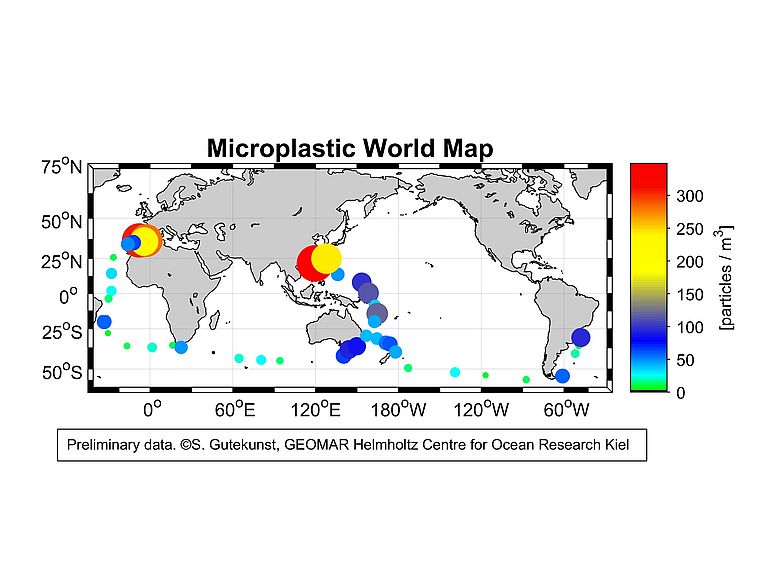 Die vorläufigen Daten zeigen Mikroplastik entlang der gesamten Rennstrecke. Allerdings unterscheiden sich die Konzentrationen von Region zu Region. Graphik: Sören Gutekunst/Ozean der Zukunft