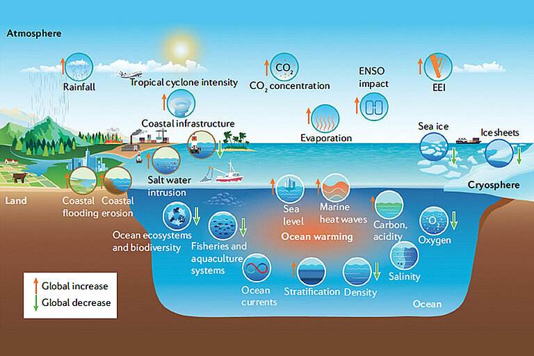 Schematische Darstellung der Verbindung zwischen der Ozeanerwärmung und den verschiedenen beobachteten Veränderungen im Erdsystem.