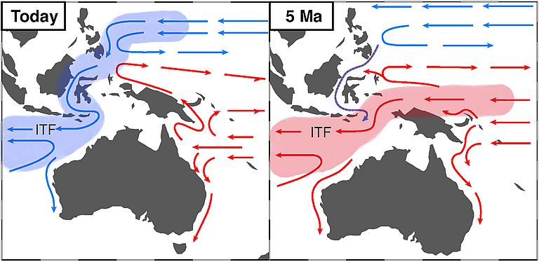 Schematische Abbildung der heutigen Strömungen im indonesischen Durchstrom (links) im Vergleich zur Situation vor etwa 5 Millionen Jahren (rechts). (IFM-GEOMAR).