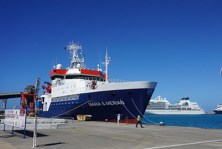 The research vessel MARIA S. MERIAN in the port  of Bridgetown. Here the EUREC4A campaign will start on Monday. Photo: Johannes Karstensen/GEOMAR