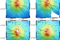 Tiefenkarten des Monowai Unterwasservulkans beruhend auf Vermessungen der Jahre 1998, 2004, 2007 und 2011. Schon auf diesen Überblicksdarstellungen werden die Veränderungen deutlich, die der Vulkan im Verlauf weniger Jahre erlebt. Im Mai und Juni 2011 konnten britische und deutsche Forscher nun sogar eine Eruption des Monowai präzise vermessen. Grafik: I. Grevemeyer, GEOMAR