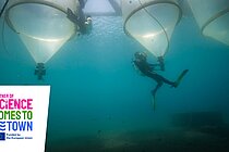 Ein Taucher unter Wasser arbeitet an schwimmenden Mesokosmen