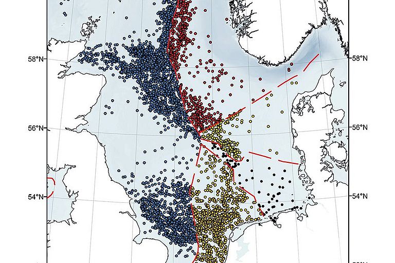 Karte mit der Verteilung der Bohrlöcher in der Nordsee. Grafik: Christoph Böttner / GEOMAR 