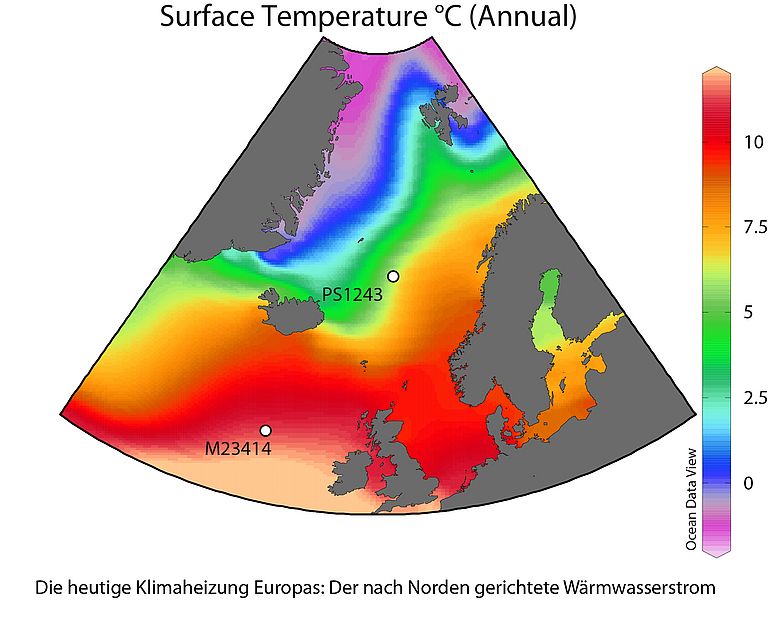 Die Karte der durchschnittlichen Oberflächentemperaturen des modernen Nordatlantiks und Nordmeers zeigt deutlich den Wärmetransport nach Norden. An den bezeichneten Punkten wurden die Sedimentkerne entnommen, deren Auswertung andeutet, dass dieser Wärmetransport in der Eem-Warmzeit nicht so ausgeprägt gewesen sein kann. Grafik: H. Bauch, AdW Mainz/GEOMAR
