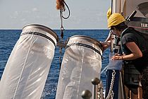 A bongo net is hoisted on board the research vessel POSEIDON. Photo: Mark Lenz/GEOMAR