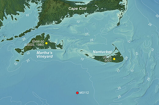Landkarte, die einen Meeresabschnitt vor der nordamerikanischen Küste zeigt
