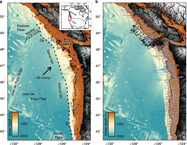Die Karte zeigt links die Verbreitung von Gasquellen an der Cascadia-Subduktionszone, rechts die Kurse der ausgewerteten Schiffsexpeditionen. Grafik: Aus Riedel et. al. (2018)