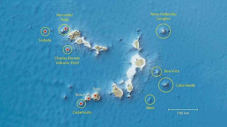 The map shows the seamounts (yellow) and seismically and/or volcanically active regions (red stars) of the Cape Verde archipelago. 