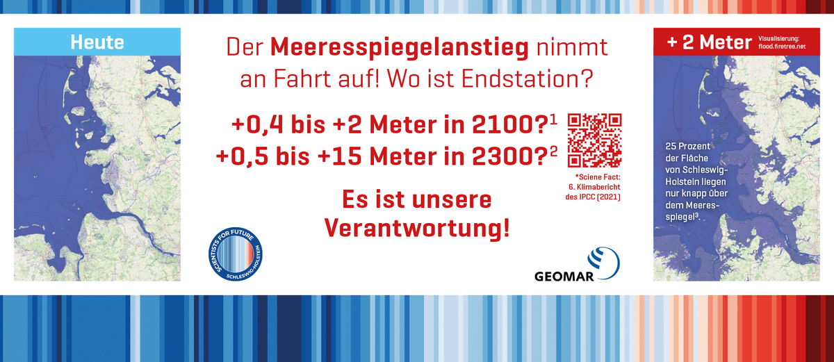 Plakat an der Kiellinie von Scientists for Future Schleswig-Holstein über den globalen Meeresspiegelanstieg und seine Auswirkungen auf Schleswig-Holstein.