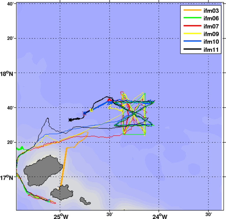 Auf den Gleiterseiten des IFM-GEOMAR können die Kurse verfolgt werden, die die Gleiter zwischen März und Anfang Mai rund um das Ozeanobservatorium Tenatso abfuhren. Links unten die Inseln Santo Antao, Sao Vicente und Santa Luzia. Grafik: IFM-GEOMAR