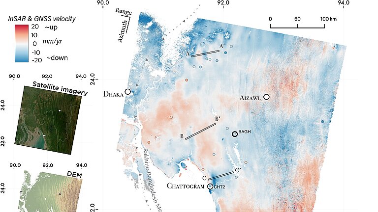 A map with blue and light red areas, alongside two smaller ones: a satellite image and an elevation profile