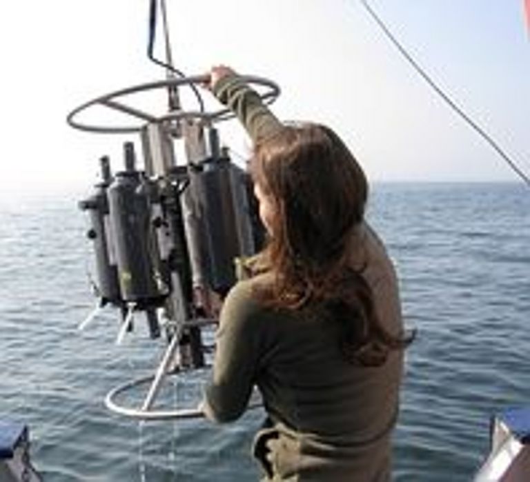 Cathleen Zindler, Doktorandin am IFM-GEOMAR, beim Einholen des Kranzwasserschöpfers an der Station Boknis Eck (Eckernförder Bucht). Foto: IFM-GEOMAR.