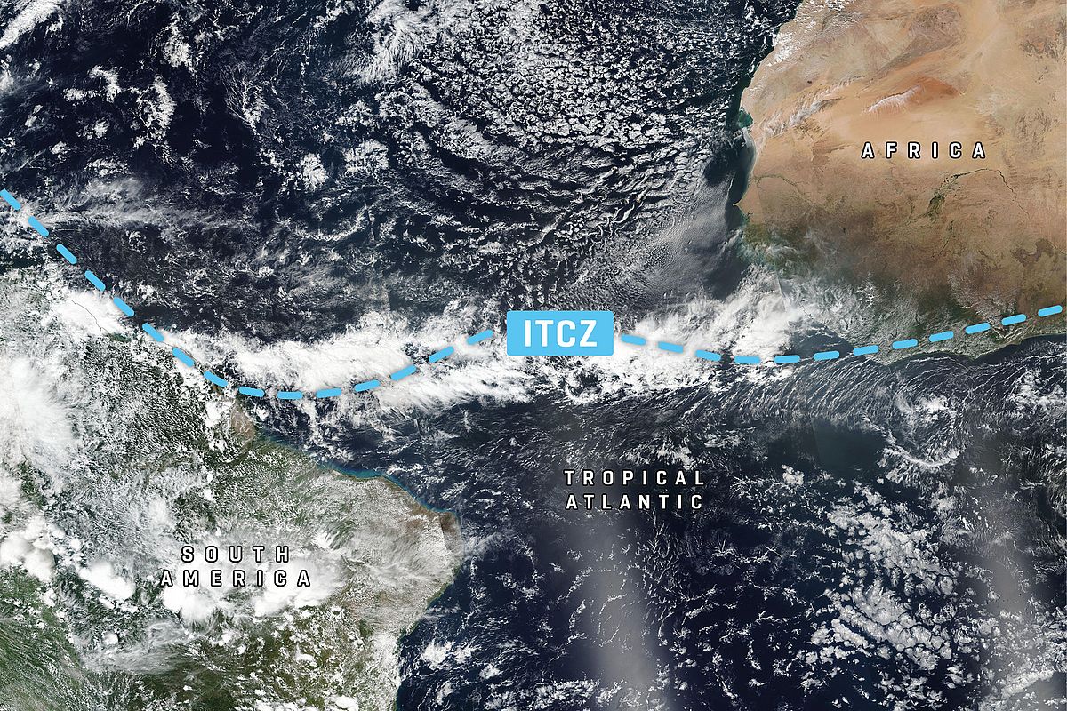 Satellite image of the Inter-tropical Convergence Zone (ITCZ) in the Atlantic. Satellite image: NASA Worldview