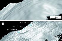 Vergleich von perspektivischen Kartenansichten der „Moresby Seamount Abschiebung“ unterschiedlicher Auflösung. A) klassische Qualität einer schiffsgestützten Echolotkartierung des nördlichen Moresby Seamount Berghangs. Die Auflösung beträgt 25 mal 25 Meter, die Oberfläche wirkt geglättet und nahezu gleichmäßig. Es sind keine strukturellen Besonderheiten, oder gar strukturgeologische Merkmale zu erkennen. B) Die neue AUV Karte der „Moresby Seamount Abschiebung“ mit einer Auflösung von 2 mal 2 Meter. Deutlich erkennt man eine einige Zehnermeter mächtige Abbruchkante. Oberhalb dieser Kante sieht man eine poliert wirkende Fläche, dabei handelt es sich um die direkte Oberfläche der „Moresby Seamount Abschiebung“. Etwas höher erkennt man zahlreiche Schuttfächer im Auslaufbereich kleinerer Erosionskanäle. Mithilfe der neuen AUV Karte, dieser Ausschnitt zeigt nur eine kleinen Bereich, konnten die Wissenschaftler zahlreiche neue strukturgeologische Merkmale der „Moresby Seamount Abschiebung“ dokumentieren. Grafik: Romed Speckbacher, IFM-GEOMAR, Daten: AUV ABYSS