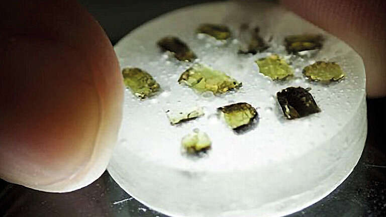 Kleine grüne Kristallstücke auf einem weißen Glasträger unter dem Mikroskop