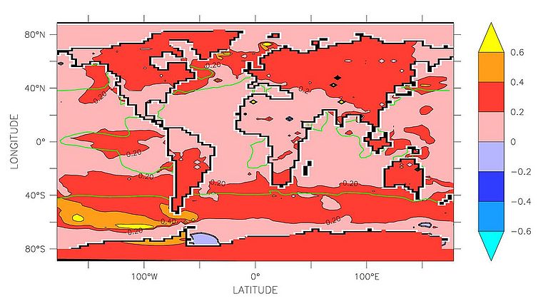 Additional surface warming (in deg C) for the year 2100 simulated by a climate model caused by a temporal artificial upwelling in the green areas induced for the time period 2011-2060). Source: IFM-GEOMAR.