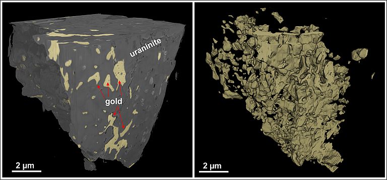 Rekonstruiertes 3D-Model einer Nanotomographie. Das linke Bild zeigt Uraninit (Uranerz), welches Gold umschließt. Im rechten Bild wurde Uraninite mit Hilfe Computerprogrammen herausgerechnet. Diese Aufnahme zeigt welche große Mengen an Gold im Uranerz zu finden sind.
