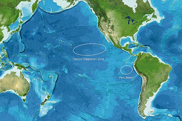 In der Clarion-Clipperton Zone liegen die größten bisher bekannten Manganknollenvorkommen. Hier hat die ISA bisher 13 Forschungslizenzen vergeben. Image reproduced from the GEBCO world map 2014, www.gebco.net