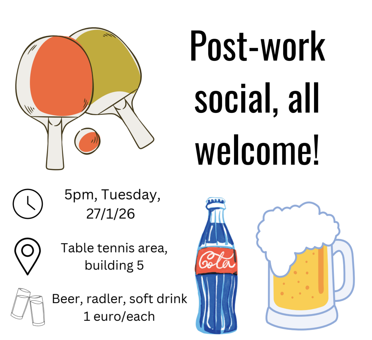 Social event on 27/01, including snacks and drinks