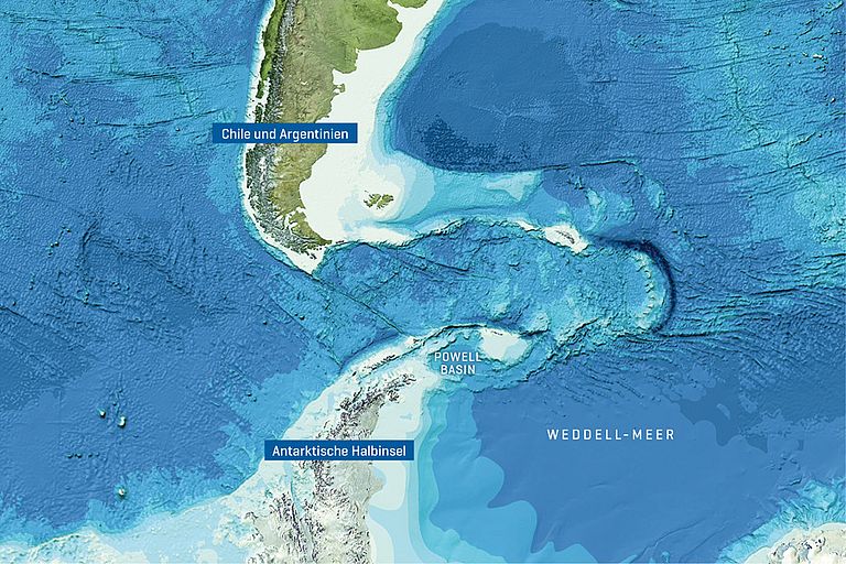 Die jetzt veröffentlicheten Daten wurden mit Hilfe von Gleitern rund um das Powell-Basin an der Nordspitze der antarktischen Halbinsel gemessen. Image reproduced from the GEBCO world map 2014, www.gebco.net