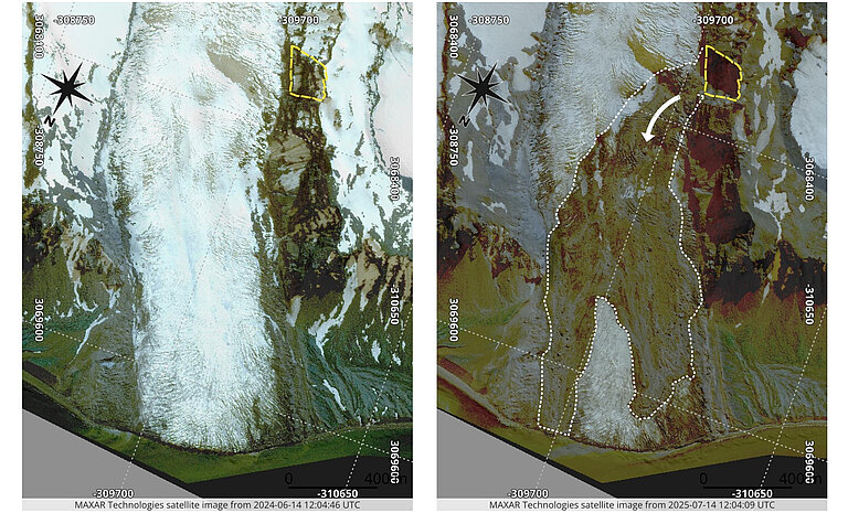 Zwei Satellitenbilder von einem Gletscher