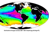 Global map of oxygen distribution at 300-500m water depth in the world ocean. Source: GEOMAR.