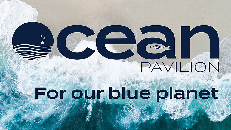 Draufsicht: Wellen laufen auf den Strand, darüber das Logo vom Ocean Pavilion