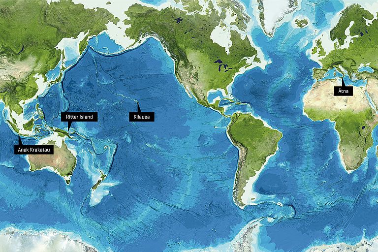 Im Fokus des Projekts PRE-COLLAPSE stehen die Vulkane Ätna, Anak Krakatau, Ritter Island und Kilauea. Karte:  Reproduced from the GEBCO world map 2014, www.gebco.net