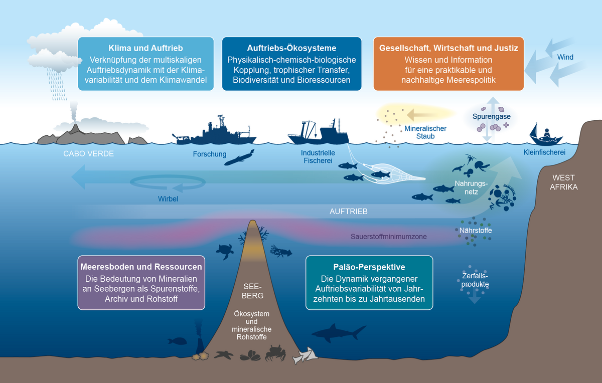 Übersicht von Prozessen und Forschungsthemen des IRF "Auftrieb im Atlantischen Ozean". Illustration: Christoph Kersten/GEOMAR 