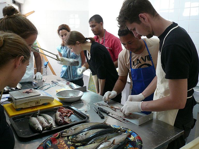 Mitarbeiter des INDP weisen die Teilnehmer der Sommerschule in die Analysemethoden zur Kontrolle der lokalen Fischbestände ein. Foto: Christel van den Bogaard, GEOMAR.