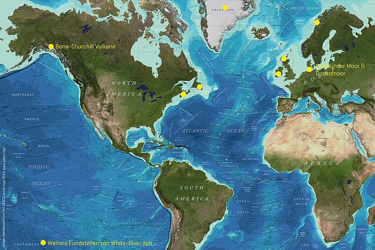 Die White-River Asche wurde in Ablagerungen aus Kanada, Grönland, Norwegen, Irland, Schottland und Deutschland gefunden. Karte: Image reproduced from the GEBCO world map 2014, www.gebco.net