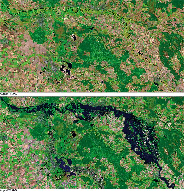 Satellitenbilder der Elbe bei Wittenberg vom 14. und  20. August 2002. Sie zeigen die verheerenden Überschwemmungen des Hochwassers, das Tief „Ilse“ verursacht hat. Höhere Oberflächentemperaturen des Mittelmeers könnten derartige Extremwetter in Zukunft verstärken. Foto: NASA, earthobservatory.nasa.gov