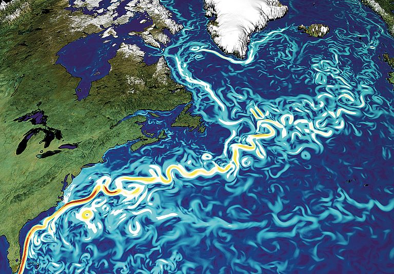 Snapshot of the Gulf Stream in the ocean model ORCA12. The colors indicate the different current velocities at the surface. Simulation and Rendering: ocean modeling group GEOMAR