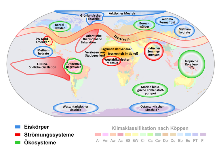 Map of the most important tipping elements in the Earth System overlain on the Köppen climate classification. There are three groups of tipping elements: melting ice bodies, changing circulations of the ocean and atmosphere, and threatened large-scale ecosystems. Question marks indicate systems whose status as tipping elements is particularly uncertain. Source: PIK, 2017.