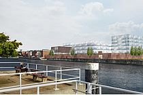 Der neue Fassadenentwurf mit gefalteten und teilweise gelochten Aluminiumblechen. Mit den dreieckigen Formen erinnern die Elemente  an Segel. Visualisierung: Staab Architekten