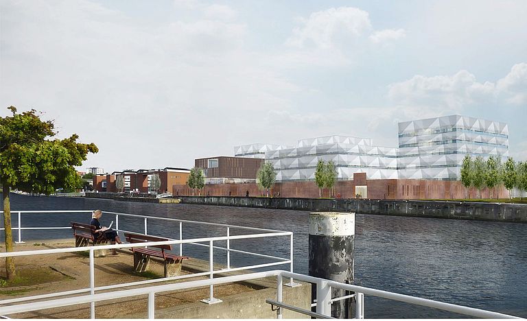 Der neue Fassadenentwurf mit gefalteten und teilweise gelochten Aluminiumblechen. Mit den dreieckigen Formen erinnern die Elemente  an Segel. Visualisierung: Staab Architekten