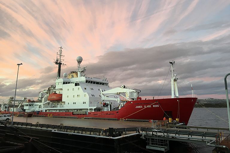 The RRS James Clark Ross ROSS in the Falkland Islands shortly before setting off on her research voyage. Photo: Thomas Browning