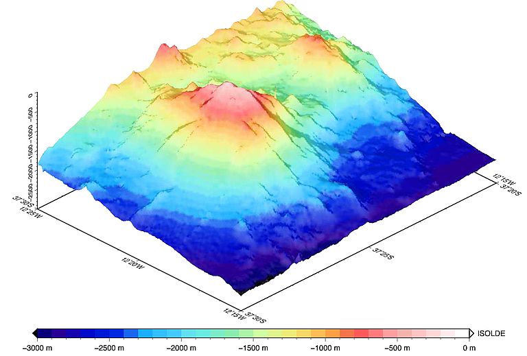 Der neu entdeckte Vulkan "ISOLDE" in der 3D-Unterwassertopographie. Quelle: GEOMAR.
