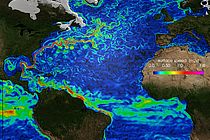 Oberflächennahe Geschwindigkeiten (Momentanaufnahme) in einem hochauflösenden Modell des Atlantik.  Quelle: GEOMAR.