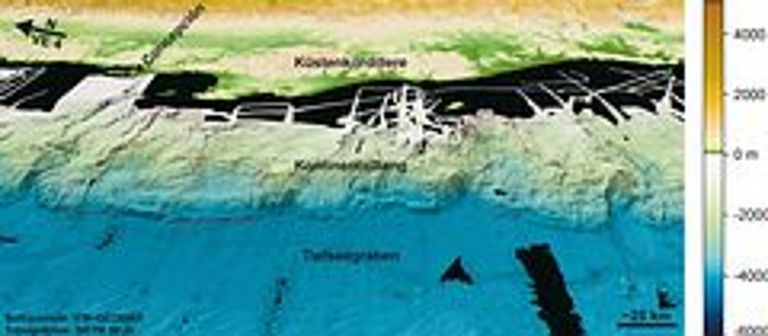 Der Chilenische Kontinentalrand in dem Gebiet der Arauco Halbinsel auf Grundlage von Echolotdaten der Bundesanstalt für Geowissenschaften und Rohstoffe und des IFM-GEOMAR. Die roten Linien umschließen die von den Hangrutschungen betroffenen Bereiche des Kontinentalhanges. Grafik: GEOMAR