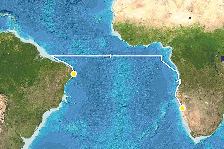 Route der Expedition M158 von Walvis Bay nach Recife entlang des Äquators. Karte: Esri / GEBCO