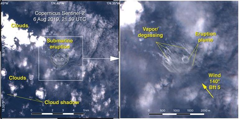Bilder des ESA-Satelliten Copernicus Sentinel-2 mit eindeutigen Spuren einer Unterwassererption an der Wasseroberfläche. Foto: ESA