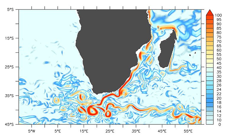 Map with modelled stream velocities indicating the Agulhas Current. Map: J. Durgadoo, GEOMAR