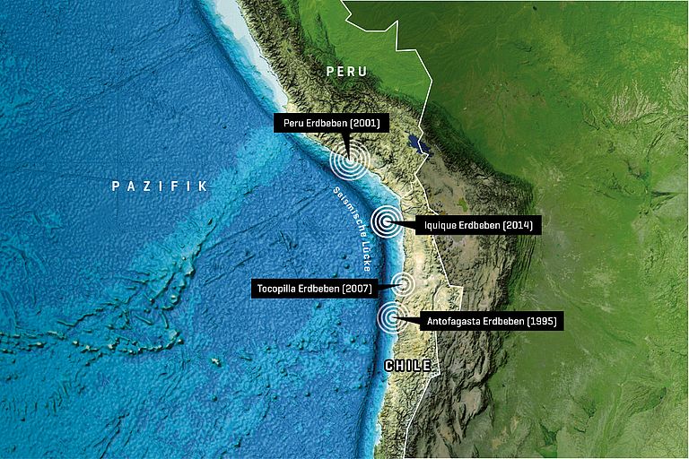 Karte der seismischen Lücke in Nordchile. Das Iquique-Erdbeben 2014 hat die Spannungen im Untergrund dieser Lücke bei weitem nicht abgebaut. Grafik: GEOMAR, based on GEBCO world map, www.gebco.net