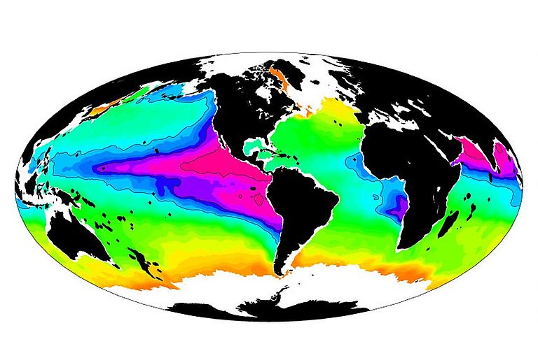 Die dunkel-lila Bereiche auf dieser Weltkarte zeigen, wo in den tropischen Ozeanen Sauerstoffminimumzonen liegen. Ein großer Teil der Stickstoffverluste des Ozeans ereignet sich in diesen Zonen. Grafik: SFB 754