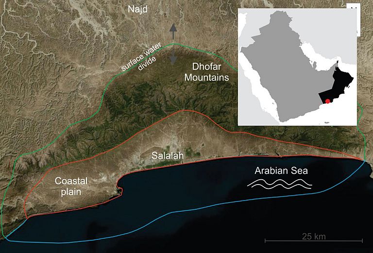 In einem gemeinsamen Projekt wollen das UFZ und das GEOMAR zusammen mit Wissenschaftlern aus dem Oman Grundwasserflüsse in der Küstenregion rund um die Hafenstadt Salalah untersuchen. Karte: T. Müller, UFZ