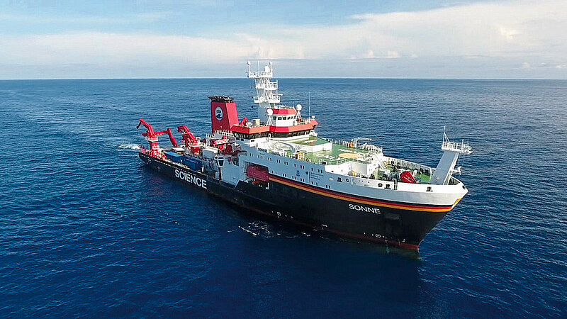 A large research vessel at sea