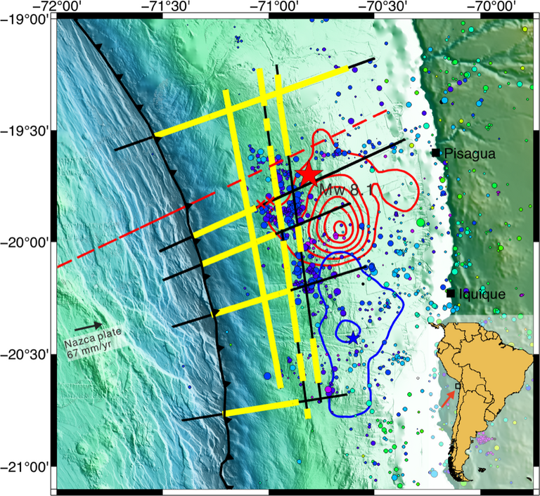 Karte von der Erdbebenregion vor Chile