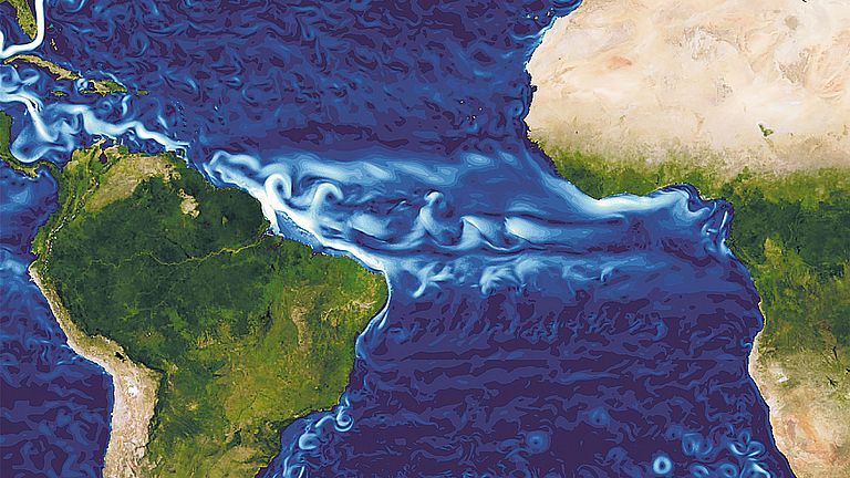 Oberflächengeschwindigkeiten im äquatorialen Atlantik. Die Auflösung der Modellierung beträgt 1/20 Grad (etwa 5,6 km am Äquator)
