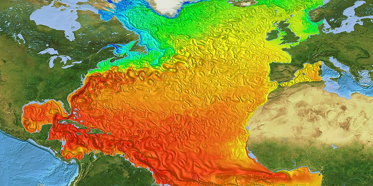 Strömungsmuster in einem hochauflösenden Modell des Nordatlantiks. Quelle: GEOMAR.